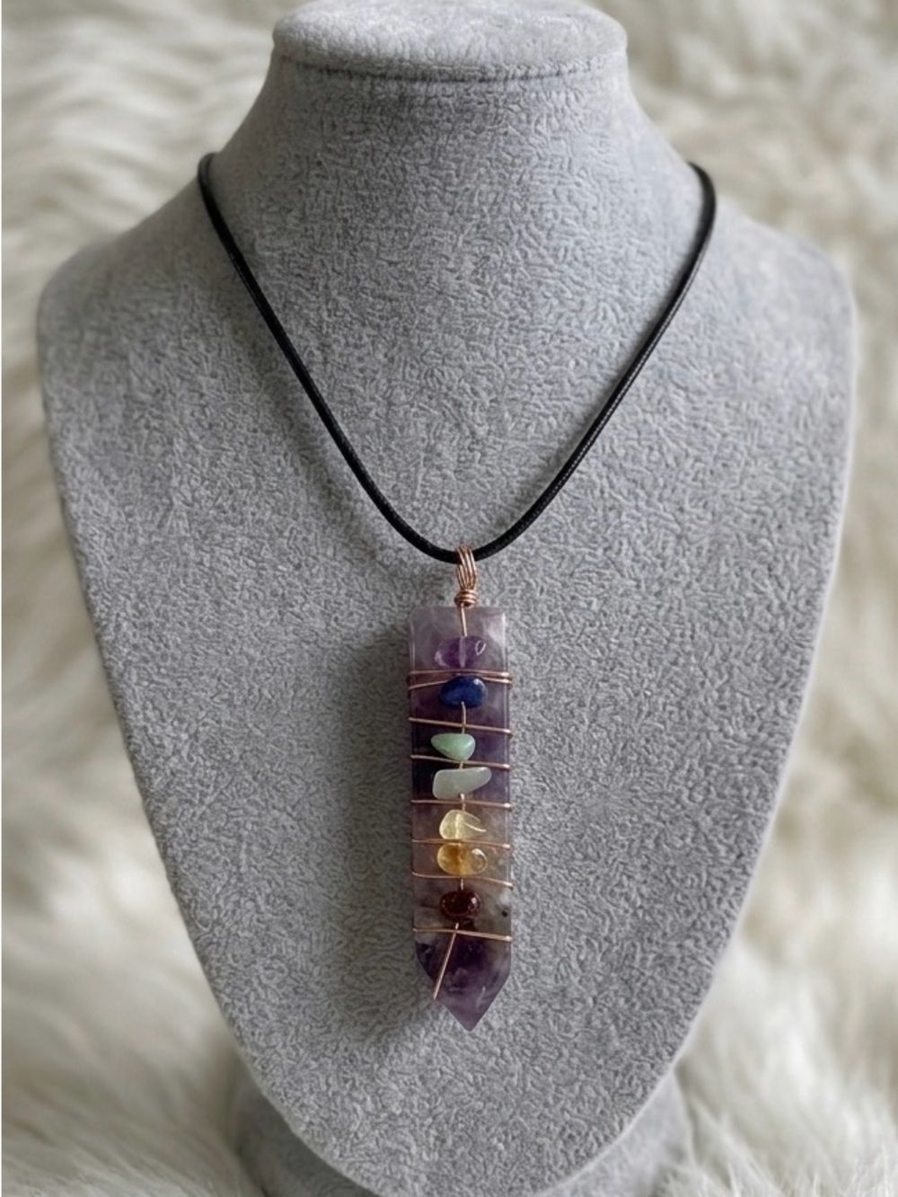 7 Chakra Purple Resin Crystal Point Pendant Necklace Boho Meditation